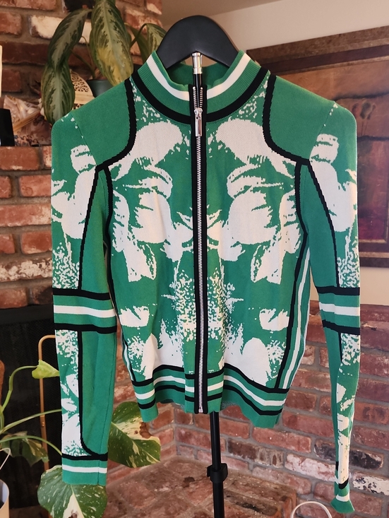 Karen Millen Sweaters - Karen Millen Green White Graphic Jacquard Full-Zip Cardigan Sweater